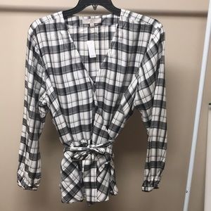 Long sleeve plaid wrap blouse Loft ax 20